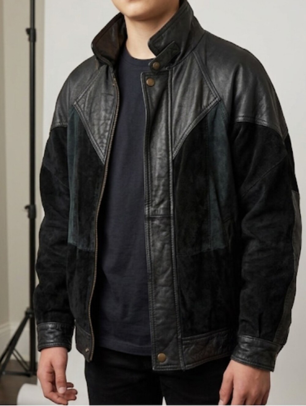 Boys Black Leather & Suede Jacket - Classic Bomber Style